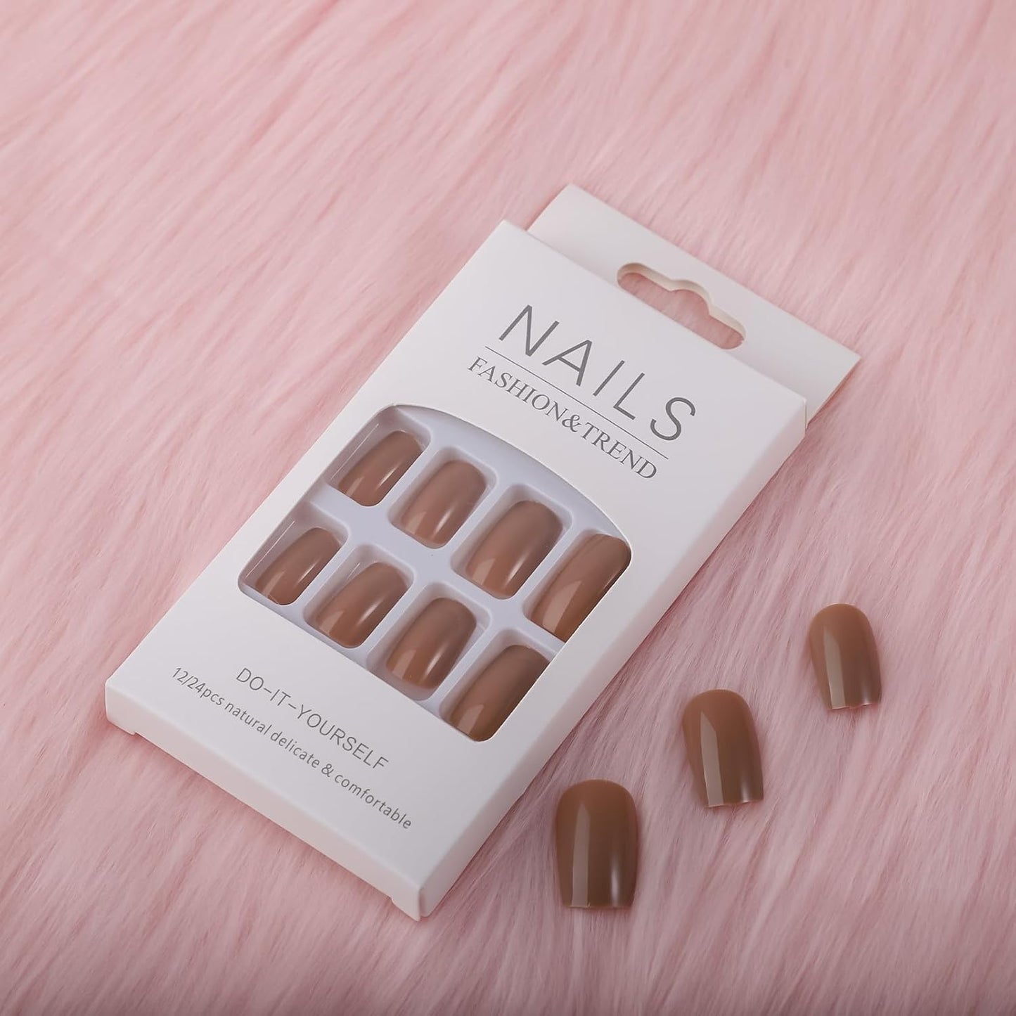 24Pcs Press on Nails - Short Square Medium Shape, Dark Coffee Color, Stick on Nails
